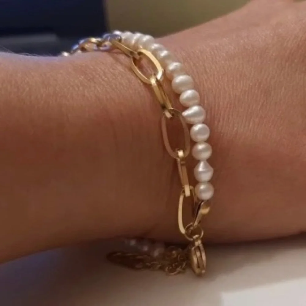 2in1 Zara Gold Genuine White Pearl Line 2-Linked Chained Bracelets
